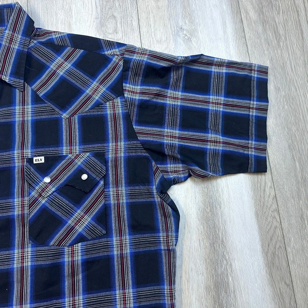 Ely Cattleman Mens Large Blue Red Plaid Pearl Snap Short Sleeve Western Shirt